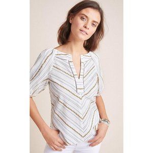 Anthropologie Maeve Fruit Embroidered Blouse Puff Sleeve White Orange Size 2